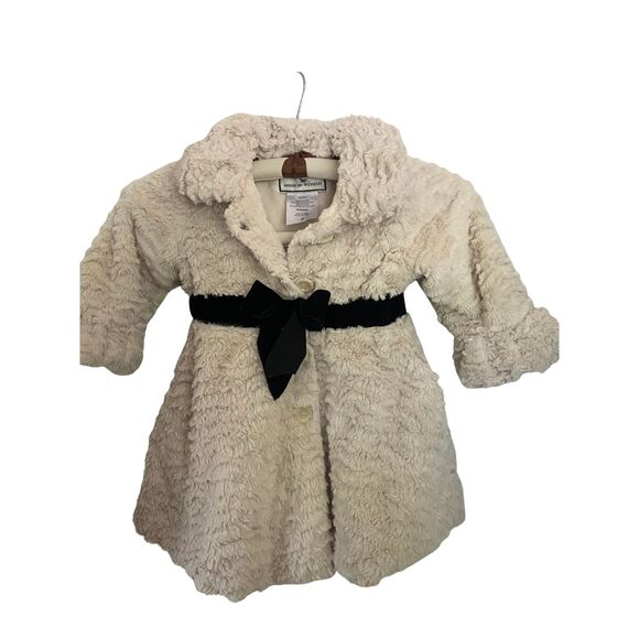 American Widgeon Faux Fur Coat Girls 3T Ivory w/ Black Bow Mid Length - Picture 1 of 8